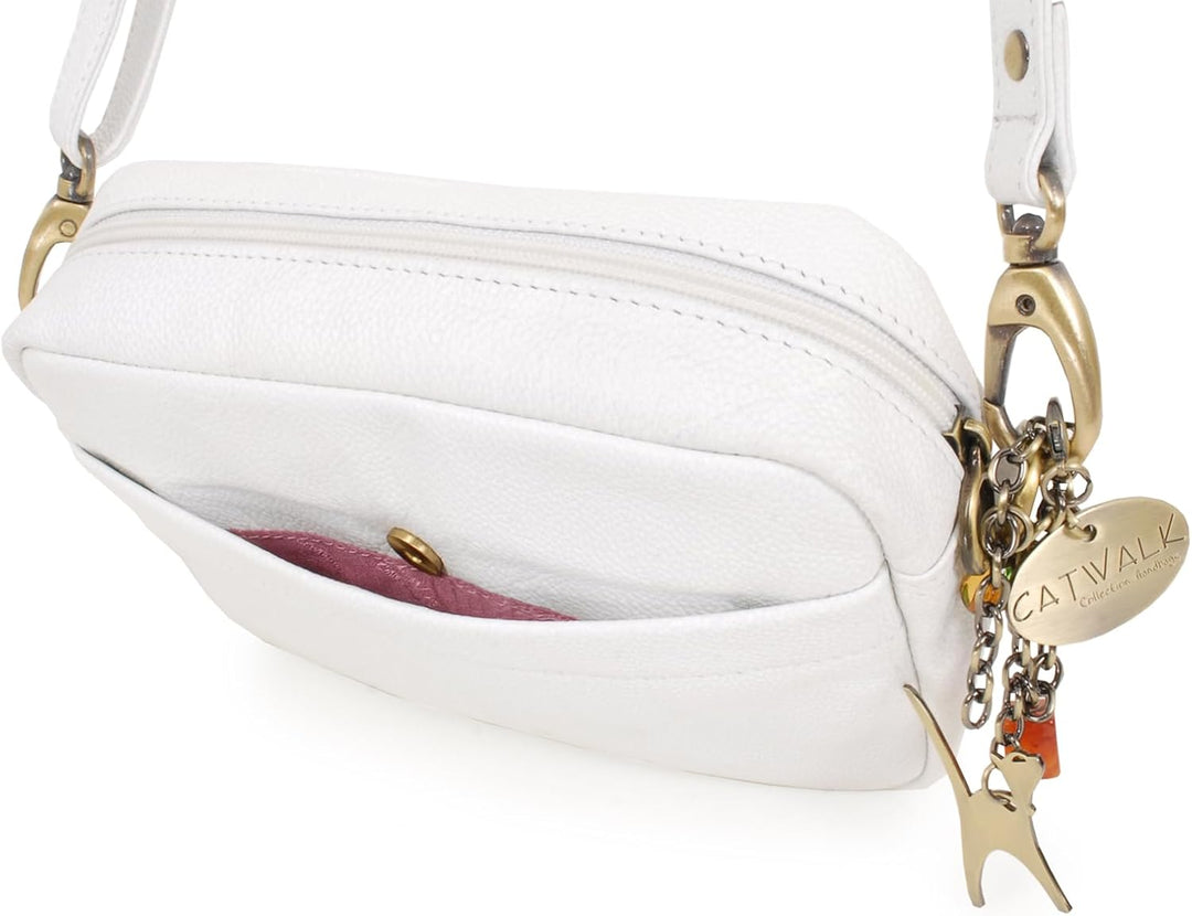 Catwalk Collection Handbags - Leder - Klein Umhängetasche Messenger/Schultertasche - POLLY Weiss, We