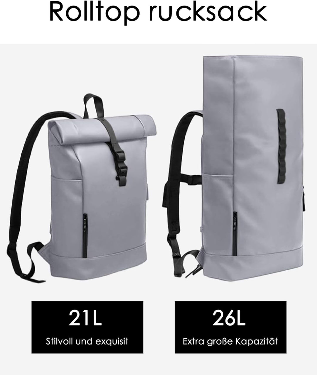 Rolltop Rucksack Herren Wasserdicht Grau Laptop Rucksack mit Computerfach 16 Zoll Elegant Reiserucks