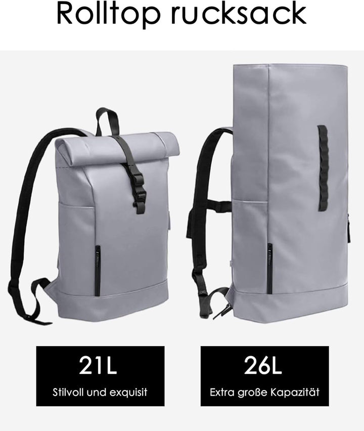 Rolltop Rucksack Herren Wasserdicht Grau Laptop Rucksack mit Computerfach 16 Zoll Elegant Reiserucks