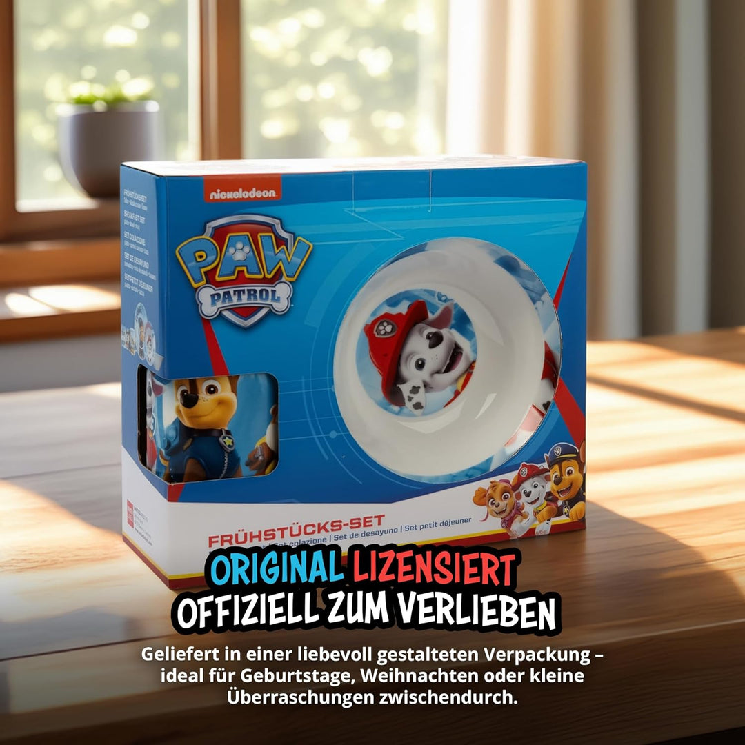 Paw Patrol Frühstücksset für Kinder - Geschirr Set 3-teilig Teller, Schale &amp; Tasse aus Porzellan