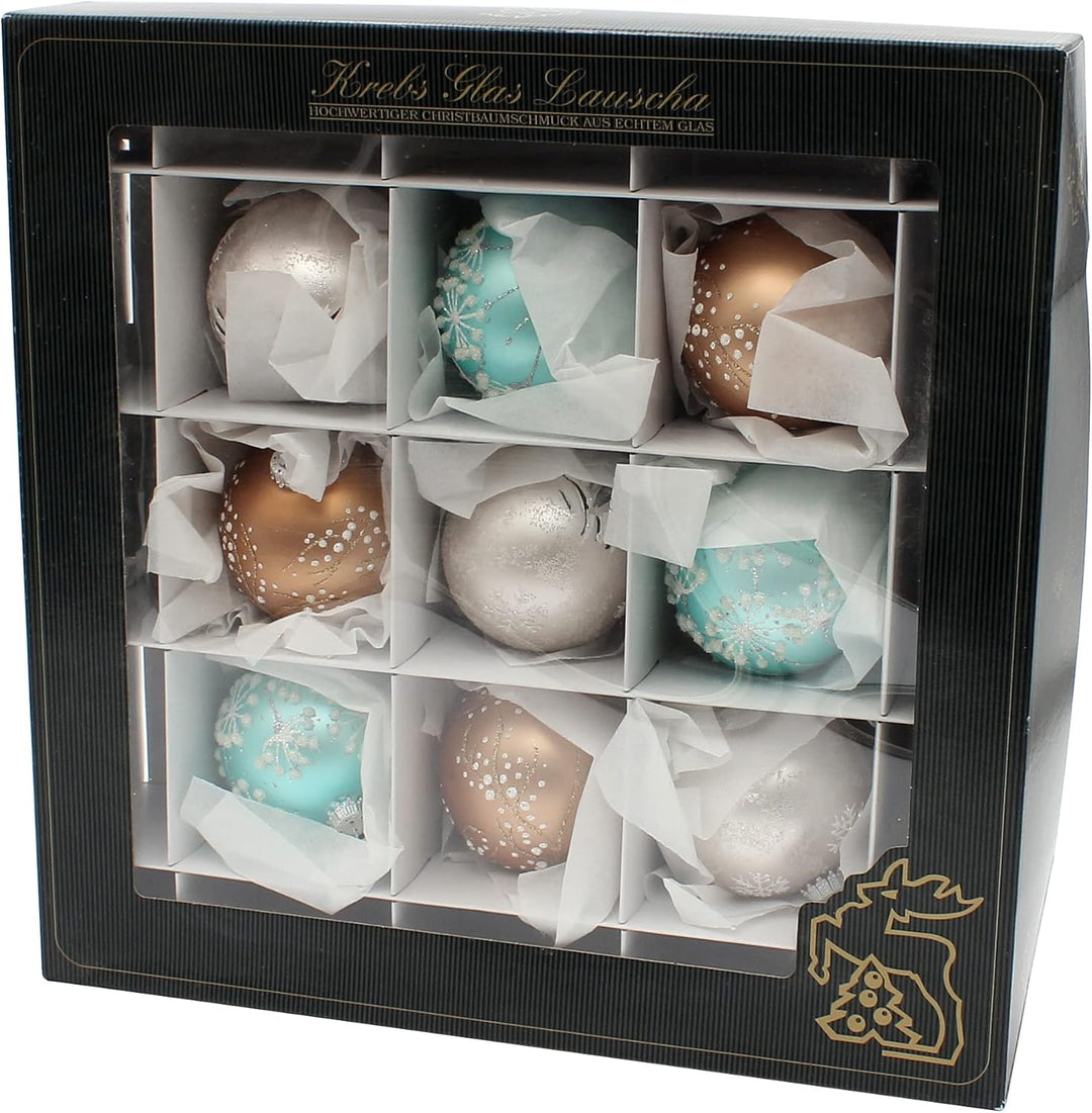Dekohelden24 Lauschaer Christbaumschmuck - 9er Set Glaskugeln in Bronze, Türkis und Silber, mundgebl