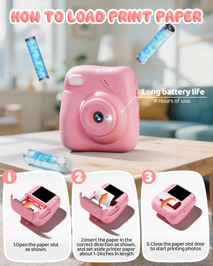 CAMCLID Kinderkamera Sofortbildkamera, 1080P Sofortbildkamera Kinder mit 32GB Karte & 3 Rollen Druck