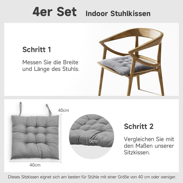 4er Set Stuhlkissen mit Bändern, Bequemes Sitzkissen 40x40 cm Stuhlauflage für Bürostuhl, Gartenstuh