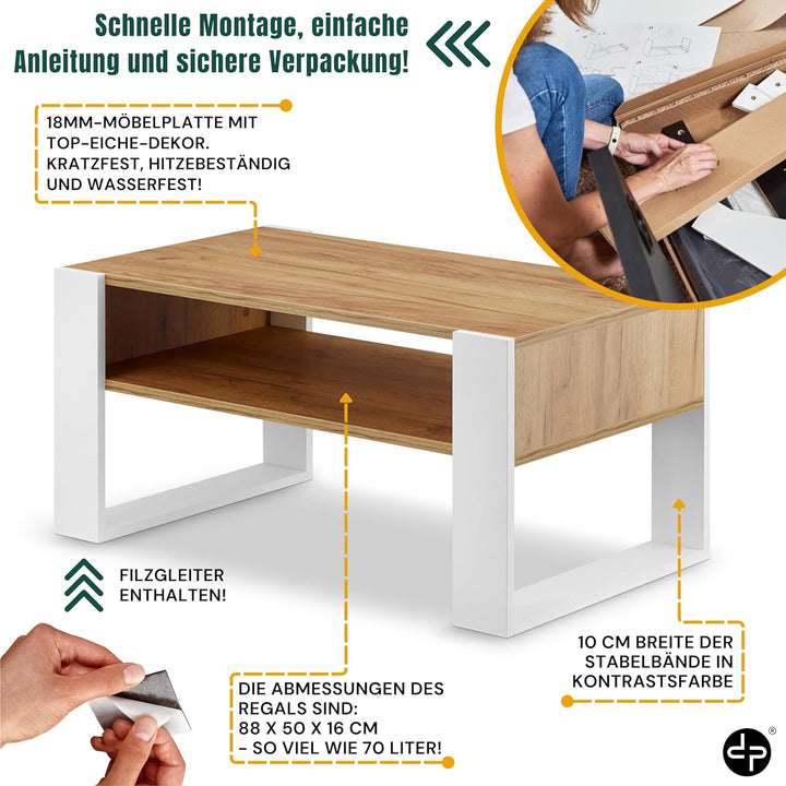 defiPad® Grosser Couchtisch mit Stauraum | Modern Wohnzimmertisch Eiche | 92CM Breite Kaffeetisch |