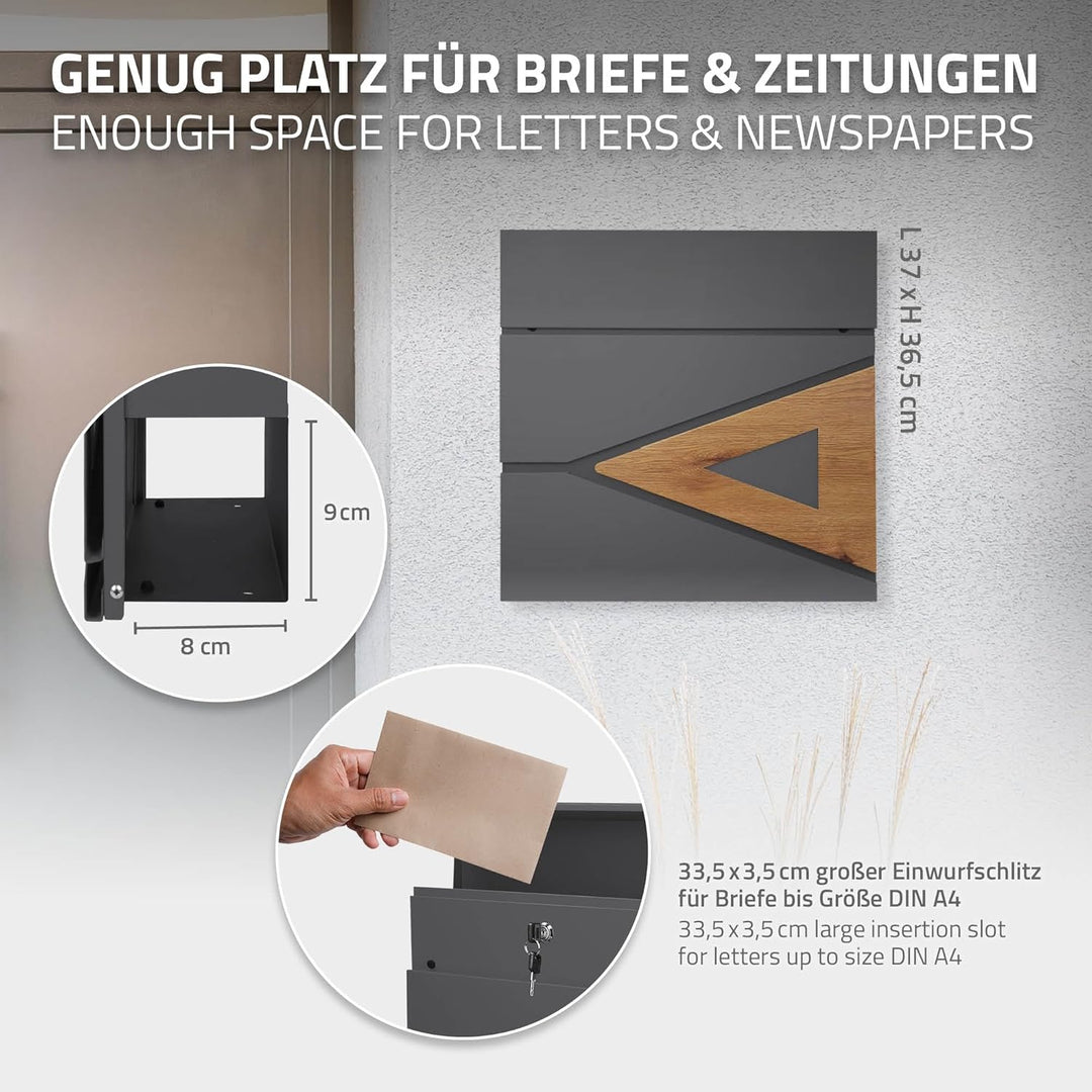 ML-Design Briefkasten 37x36,5x11 cm Anthrazit/Holzoptik aus Stahl, Postkasten mit Zeitungsfach, Absc