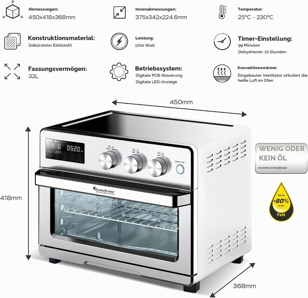 TurboTronic digitaler Heissluftofen - XXL 32 Liter mit Drehspiess für Hähnchen 5 in1 Mini Backofen,