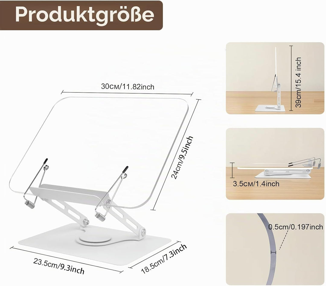 Foyucool Acryl Buchständer zum Lesen, Faltbarer Kochbuchständer, Höhenverstellbarer, 360° drehbarer