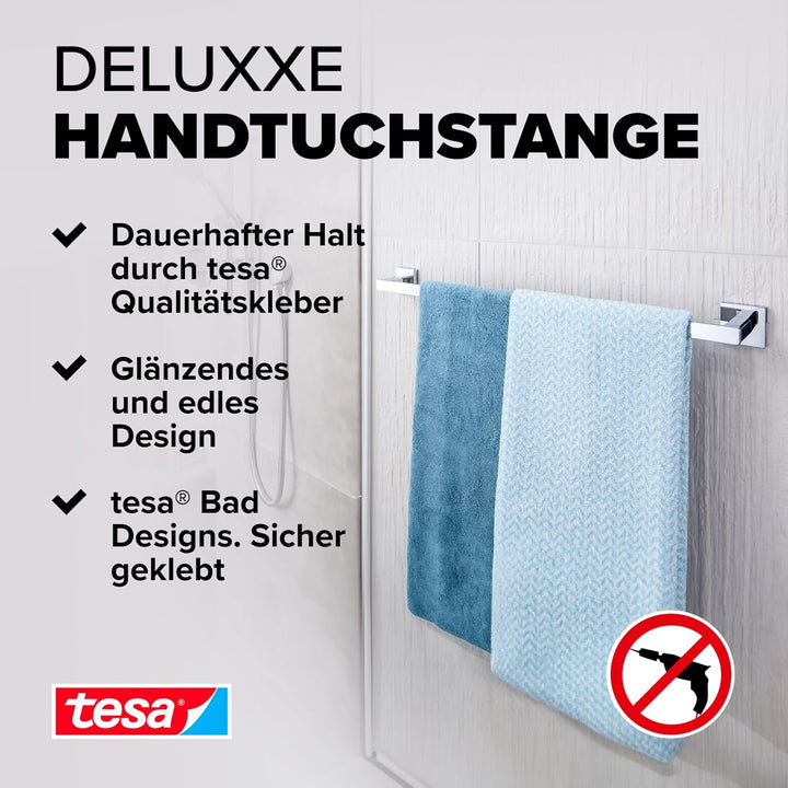 tesa DELUXXE Handtuchstange, verchromt - Badetuchhalter zur Wandbefestigung ohne Bohren, inkl. Klebe