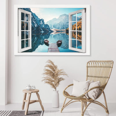 PICANOVA – Bild auf Leinwand Dolomites Bergsee Pragser Wildsee Fenster 120x80cm Leinwandbild – Premi