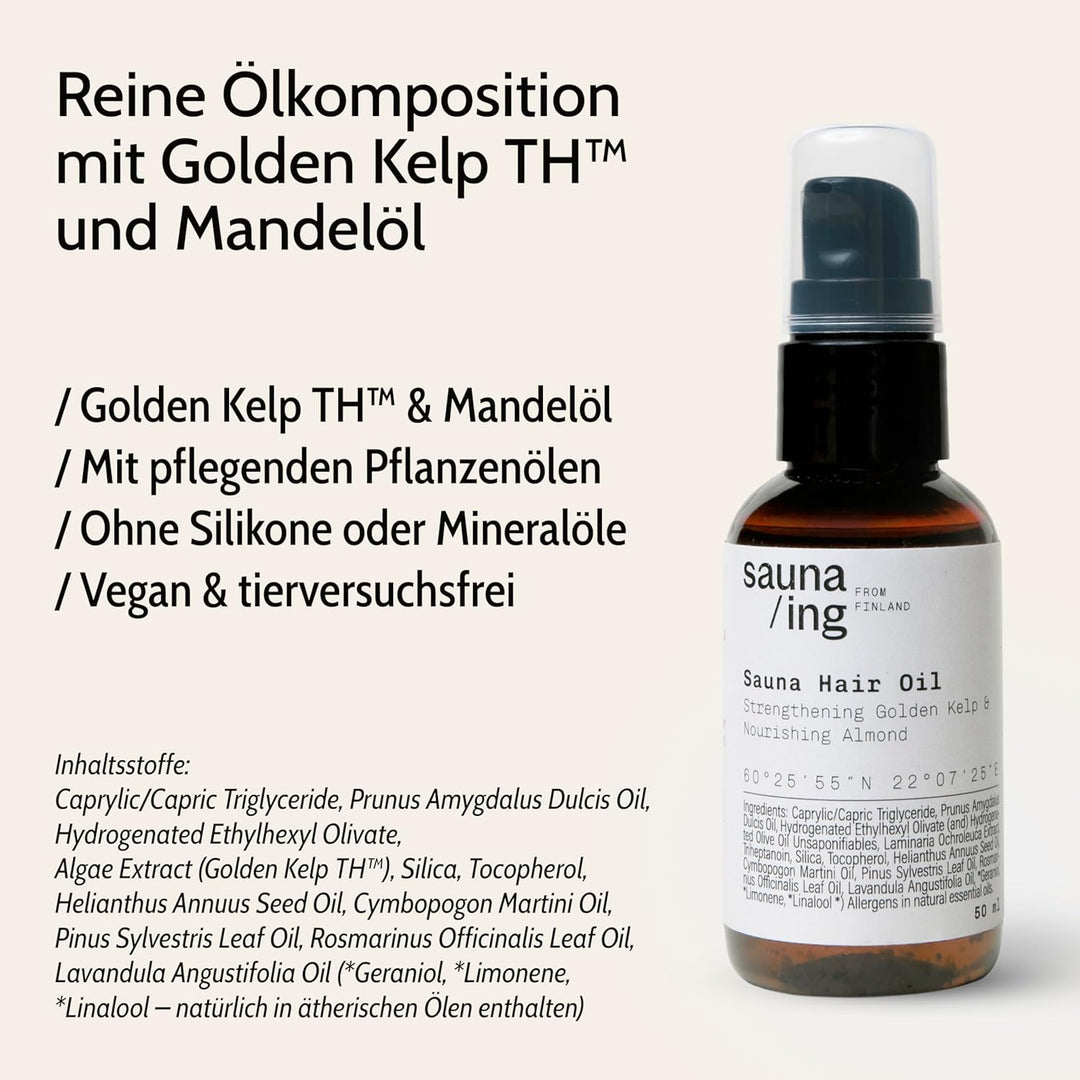Sauna Haaröl Golden Kelp & Mandel – Pflegendes Haaröl für Sauna & tägliche Haarpflege – Vegan & sili