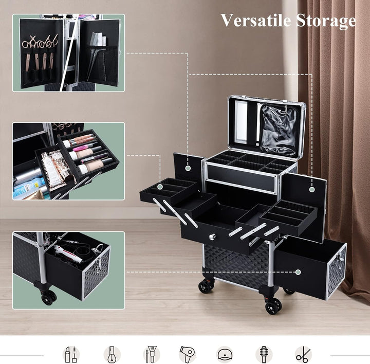 Kosmetik Trolley Friseurkoffer mit Schublade und Spiegel Kosmetikkoffer mit 4 Tabletts Make up Koffe