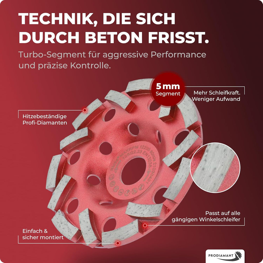 PRODIAMANT Diamant Schleiftopf Extra Speed Beton 125 mm x 22,2 mm Schleifteller für Beton Fliesenkle