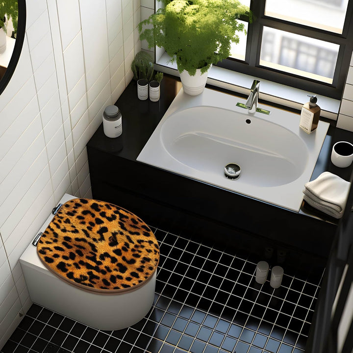 banjado® Design WC Sitz Bambus Absenkautomatik mit Motiv Leopard/Toilettendeckel mit Absenkautomatik
