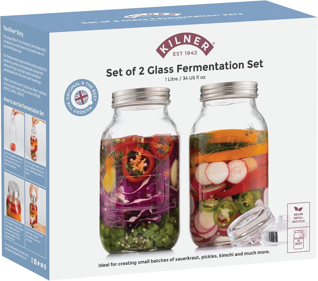 Kilner Fermentier Set, 2 Gläser á 1 Liter Fermentierglas, Transparent, 10 x 10 x 18 cm 2 x 1 Liter S