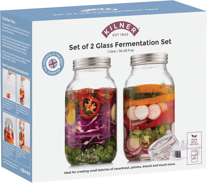 Kilner Fermentier Set, 2 Gläser á 1 Liter Fermentierglas, Transparent, 10 x 10 x 18 cm 2 x 1 Liter S