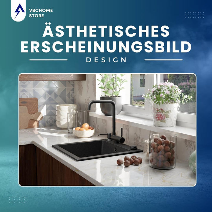 VBChome Granitspüle 50 x 48 cm Schwarz mit Armatur Einzelbecken Einbauspüle Gesprenkelt Pflegeleicht