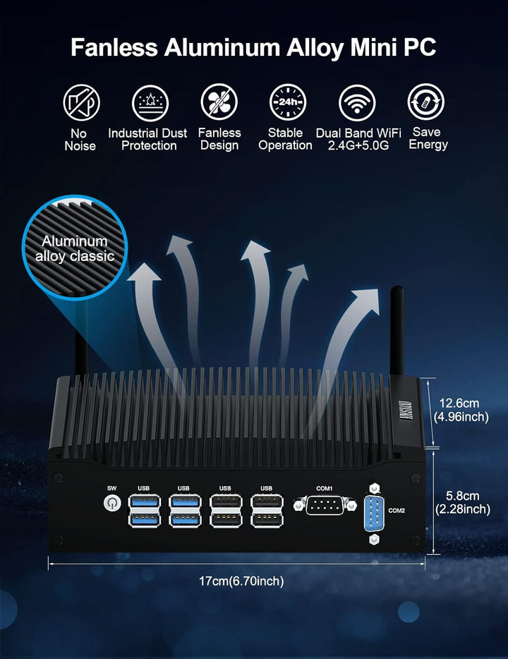 HYSTOU Lüfterloser Industrie Mini PC i5 7300U, Fanless Mini PC 16GB Ram DDR4 512GB SSD 4K Doppel Dis