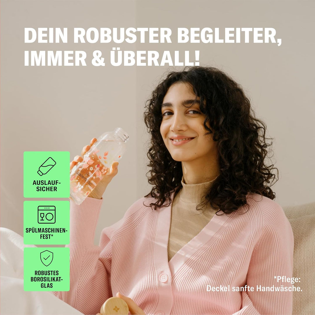 Waterdrop® Edition Glass Bottle 600ml Trinkflasche Glas auslaufsicher, Kohlensäure geeignet | BPA fr