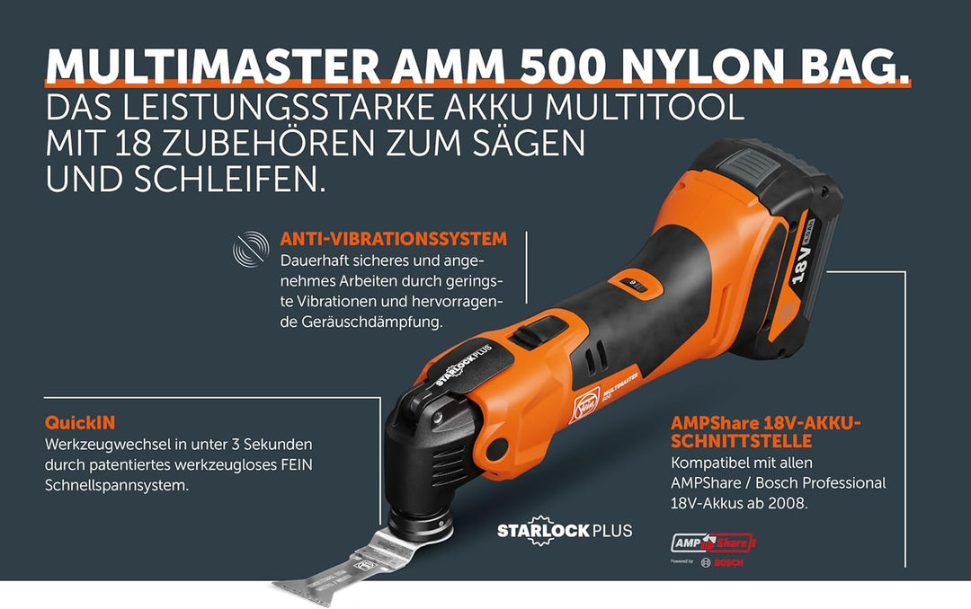 FEIN Multimaster AMM 500 Plus 2.0 Ah NYLON BAG EDITION, Set mit 18 Zubehören. Kompatibel mit AMPShar