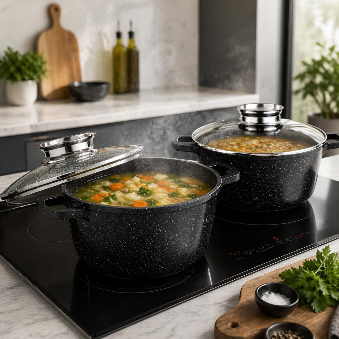 Topfset Induktion 14-teilig – Marmorbeschichtung Töpfe & Pfannen Set mit Glasdeckel, Kochtopf Set fü