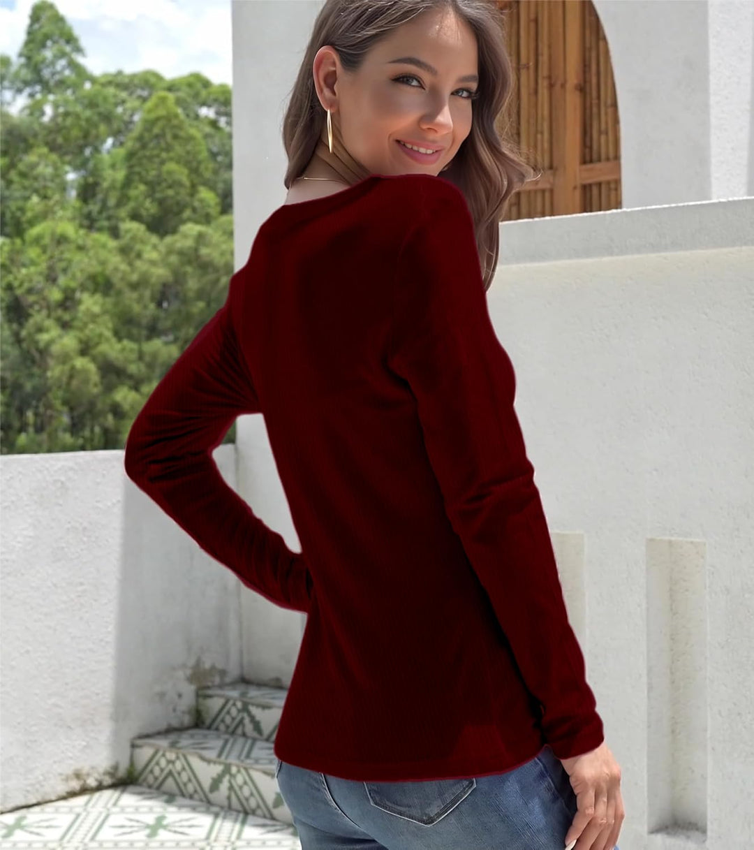 Chicrise Langarmshirt Damen V Ausschnitt Langarm Pullover Basic Eng Ribbed Oberteile, Burgundy S