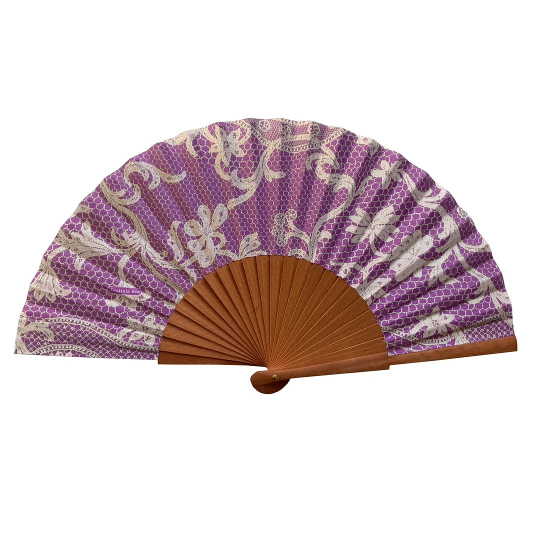 Spanischer Handfächer Bolillo Malva–Holz und Baumwolle–23 cm–Etui und Hülle aus Jute–Modeaccessoire–