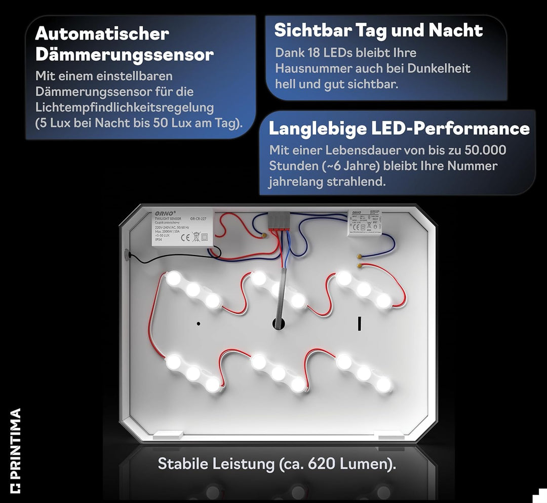 30x40cm 230V Strom Grosse Hausnummer Beleuchtet Led aus Aluminium mit Dämmerungssensor, Schwarz, Gra