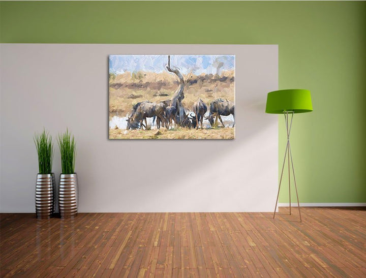 Kaffernbüffelherde in Savanne Deluxe Format: 100x70 cm auf Leinwand, XXL riesige Bilder fertig gerah