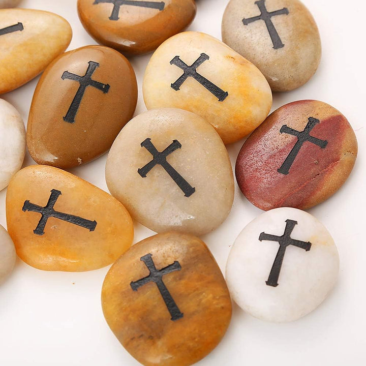 ROCKIMPACT 24 Stück Kreuz Steine mit Kreuz Glück Gravierte Steine Gravur Inspirierende Steine Glücks