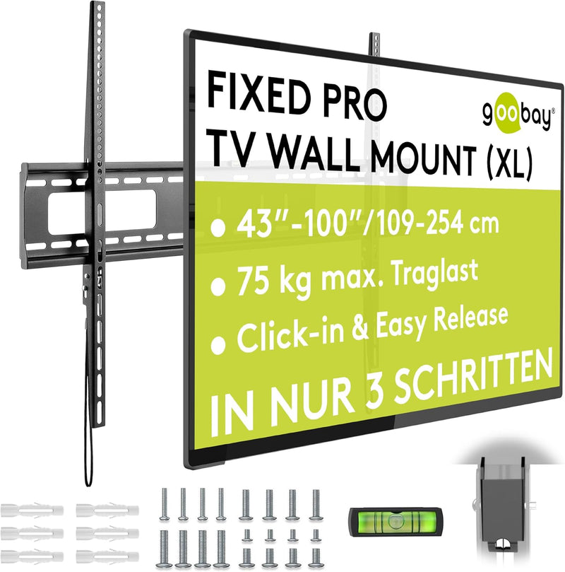 Goobay Feste Pro TV-Wandhalterung (XL), 43–100 Zoll Fernseher – max. 75 kg – einfache und sichere Mo