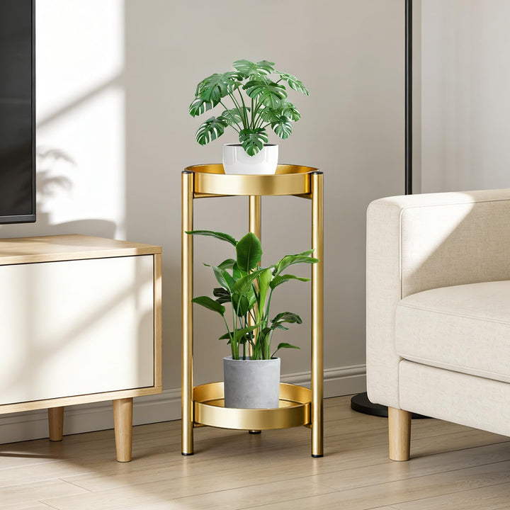 Pflanzenständer Metall 2-Stöckig Blumenständer Gold, Pflanzentisch 60cm | Runder Blumentopfregal für