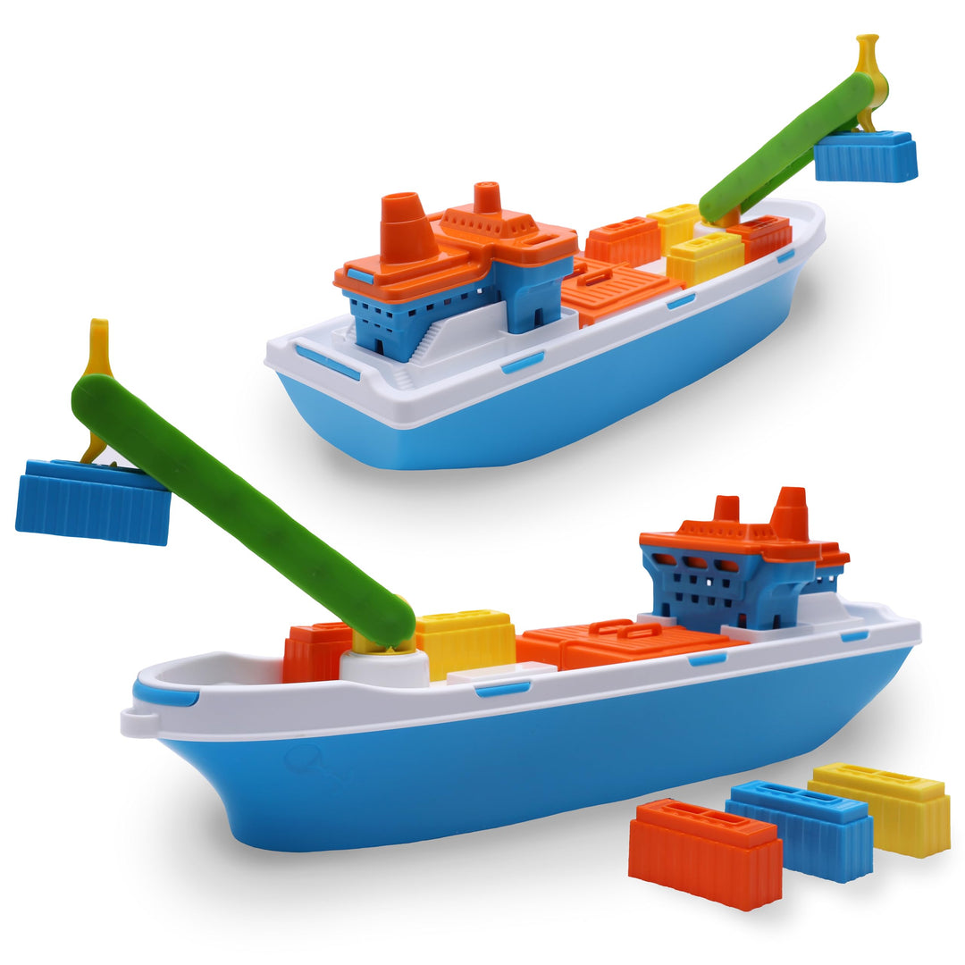 Toyland® 41cm (16") Buntes Frachtschiff mit Beweglichen Türen, Kran und 6 Kunststoffbehältern – Schw