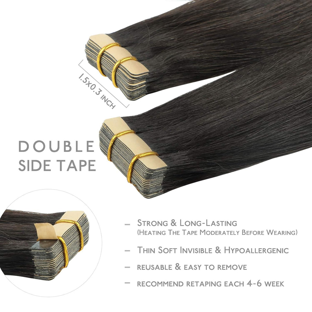 WENNALIFE Tape Extensions Echthaar, 20pcs 50g 60cm 24 Zoll Natürliches Schwarz Remy Invisible Tape E