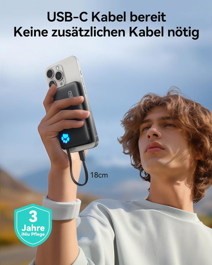 INIU Power Bank, Minigrösse 20W 10000mAh PowerBank mit Integriertem USB-C Kabel, PD3.0 QC4.0 USB C I