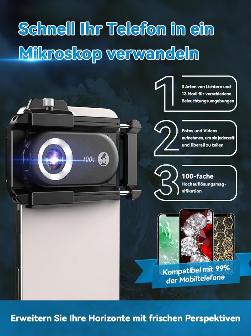 APEXEL 100X Mini-mikroskop für Smartphone-Kamera,Handy mikroskop für Smartphone,Explore Micworld wit