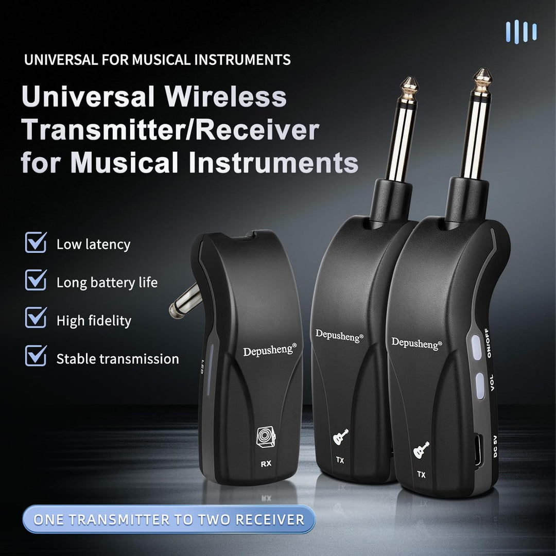 Depusheng GT1 2,4 GHz Drahtloses Gitarrensystem, Stummschalt-Stecker, Empfanger + 2 Sender, 10h Akku