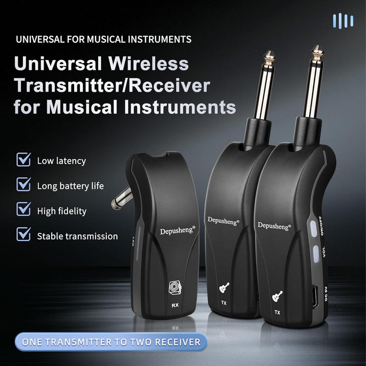 Depusheng GT1 2,4 GHz Drahtloses Gitarrensystem, Stummschalt-Stecker, Empfanger + 2 Sender, 10h Akku