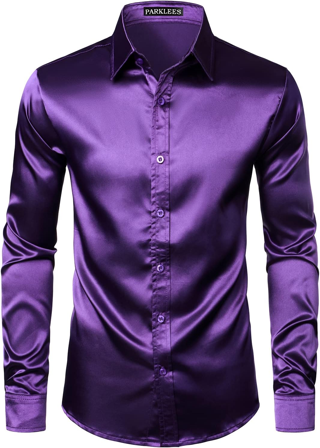 Herren Glänzend Slim Fit Satin Langarmhemd Frezeit Business Hemd für Party Nachtclub, Dunkelviolett