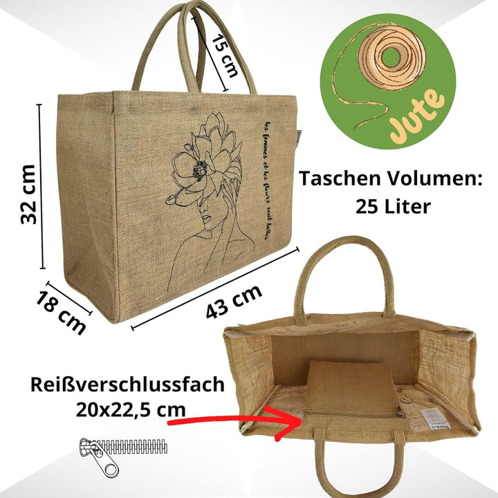 Domelo Einkaufskörbe. Bedruckte Einkaufstasche. Jute Tasche gross. Korbtasche, wasserabweisenden Str