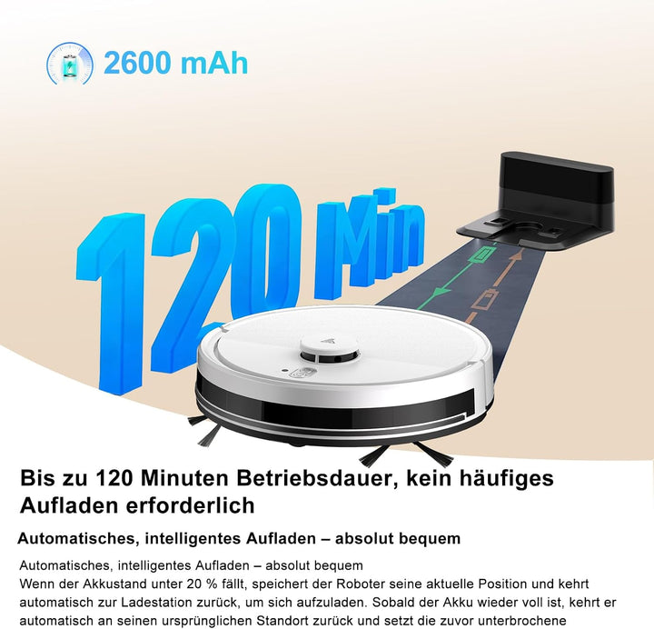 2 in 1 Saugroboter mit Wischfunktion 5 Karten Laser Navigation No-Go-Zonen White, White