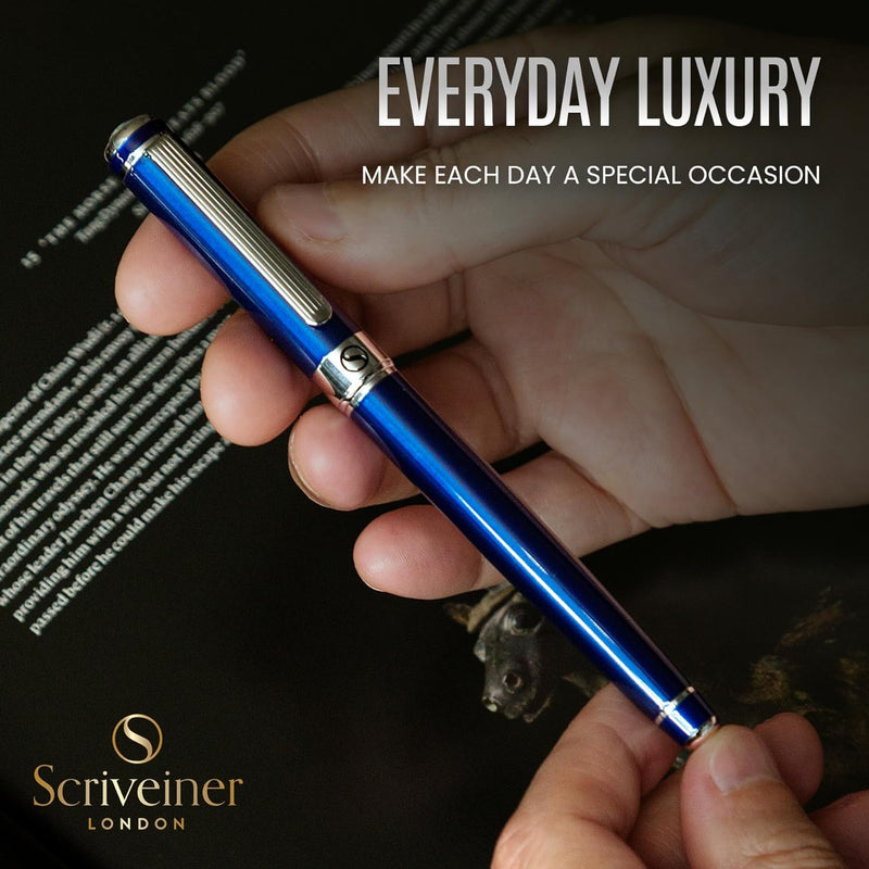 Scriveiner Kugelschreiber Midnight Blue - Hochwertiger Tintenroller mit Chromveredelung, schwarze Sc