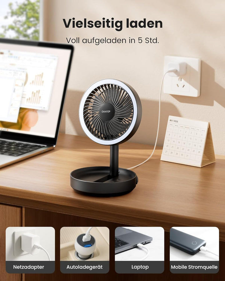 Gaiatop Faltbare Tischventilator Tragbarer Ventilator, 6000mAh Akku Ventilator mit Nachtlicht, 17CM