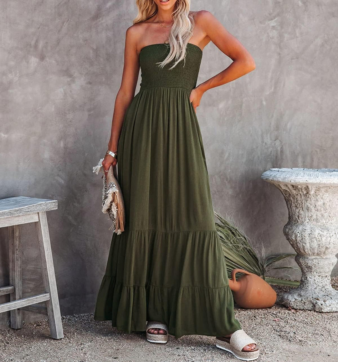 R.Vivimos Sommer Boho Trägerloses Bandeau Shirred Blumen Rüschen Tube A Linie Midikleid S Armeegrün