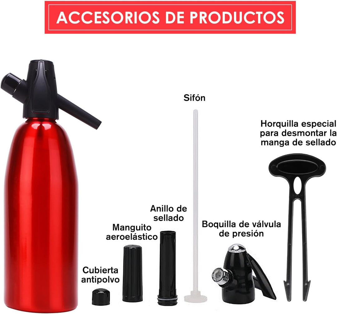 Soda Siphon 1L, Rot - Tragbarer Wassersprudler aus Aluminium, Kohlensäure-Sprudelgerät für Hausgemac