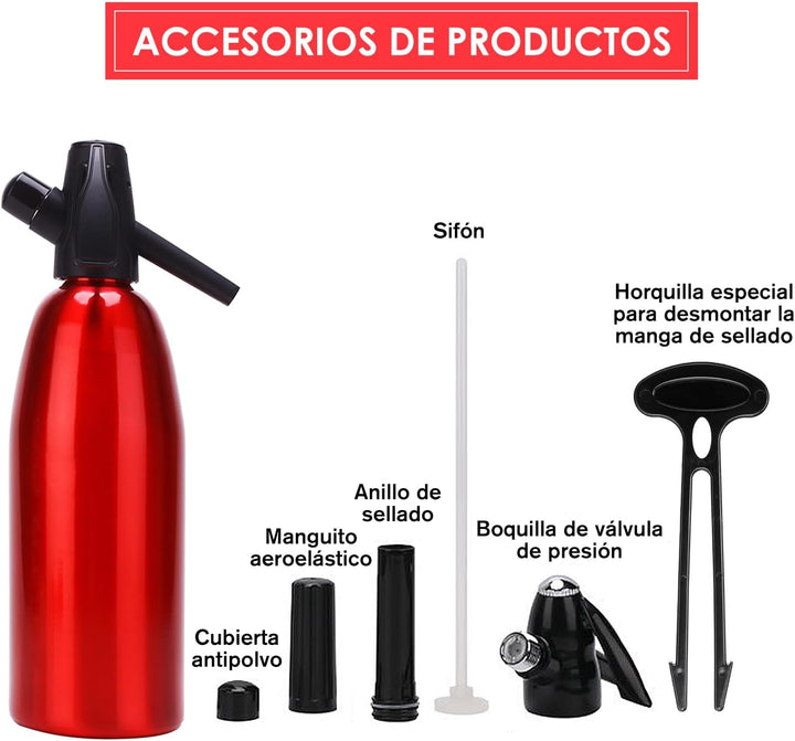 Soda Siphon 1L, Rot - Tragbarer Wassersprudler aus Aluminium, Kohlensäure-Sprudelgerät für Hausgemac