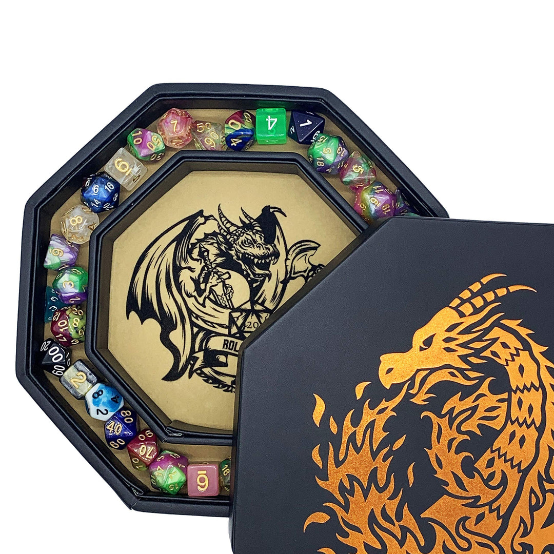 Fantasydice-Chromatic Dragon -with Roll or Die Artwork Dice Tray - 23CM Octagon with Lid and Dice St