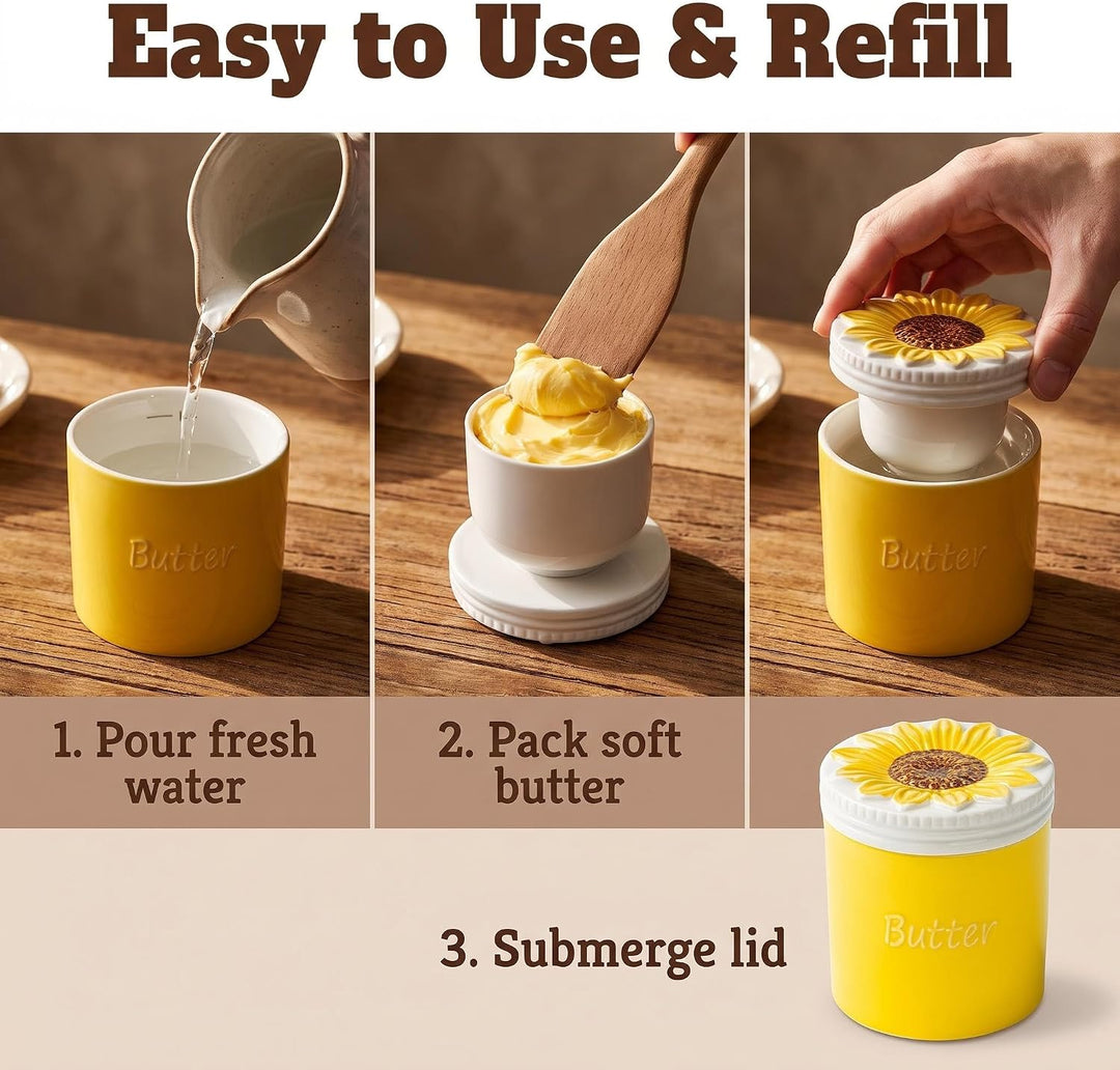 Butterdose mit Sonnenblumen-Motiv, französische Butterdose, Keramikbecher, Butterhalter mit Wasserli