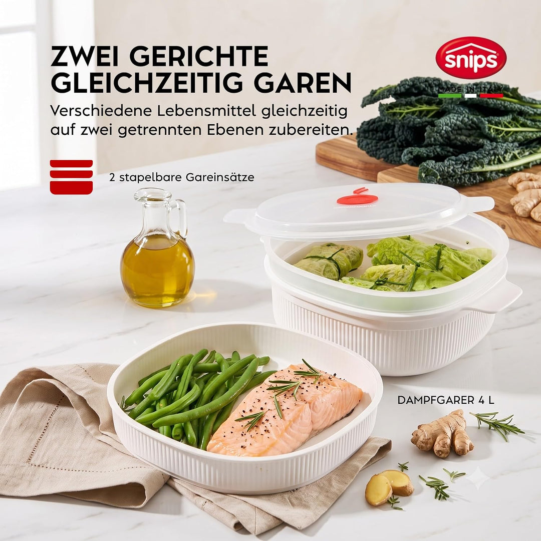 Snips | Set 5-teilig Mikrowellenbehälter | Dampfgarer 4 L, Dampfgarer 2 L, Reiskocher, Eier- und Ome