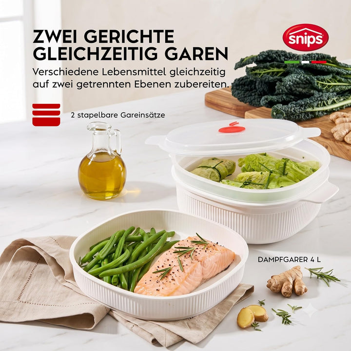 Snips | Set 5-teilig Mikrowellenbehälter | Dampfgarer 4 L, Dampfgarer 2 L, Reiskocher, Eier- und Ome