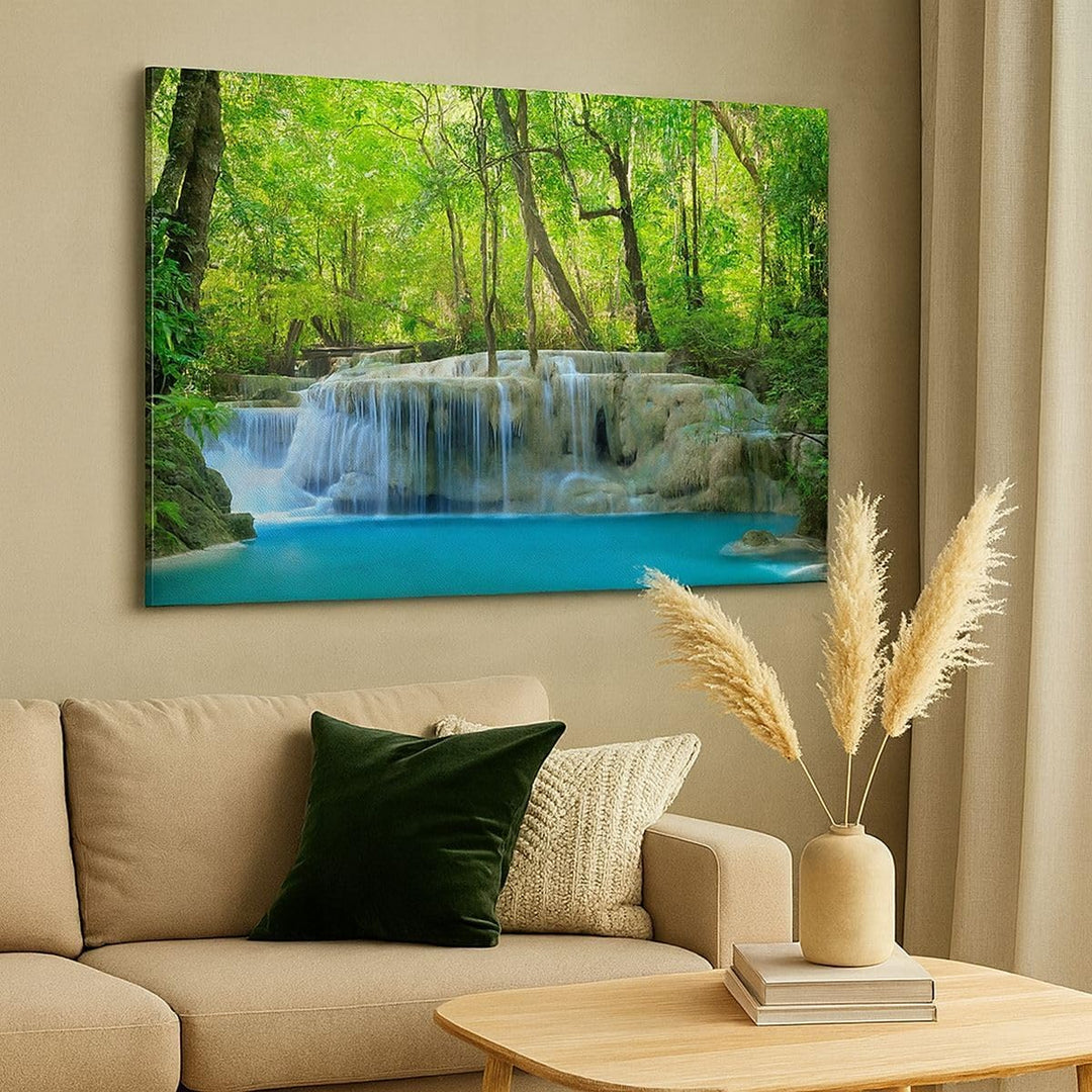 ARTTOR Bilder auf Leinwand 100x70cm Leinwandbild Wasserfall Wald Umwelt Gross Wanddeko Bild Schlafzi